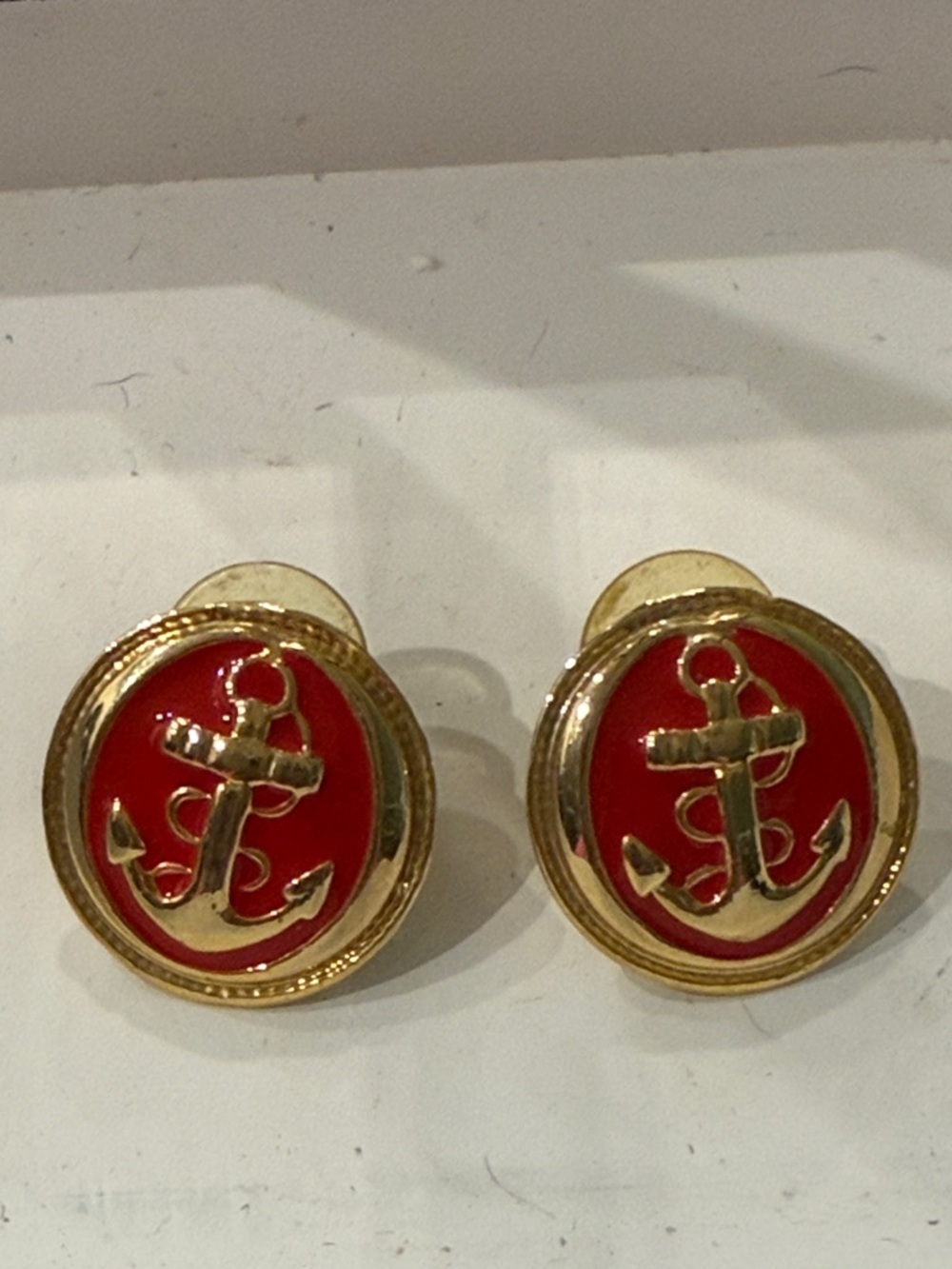 Vintage Classic 80s 90s Nautical Gold & Red Enamel Anchor Round Button Earrings